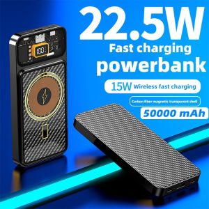 New transparent carbon fiber magnetic wireless charging PD20W fast Wireless charging 22.5W powerbank 20000mAh Wireless Magnetic Power Bank Backclip Battery For iPhone 12 13 HUAWEI light thin large capacity