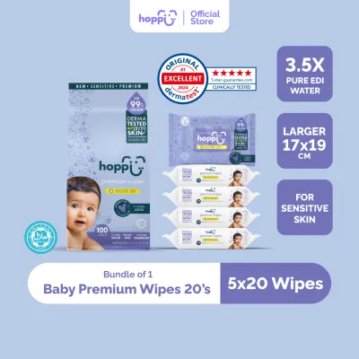 Hoppi Premium Sensitive Wipes [German Dermatologically Tested] with Halal Certified (20 Wipes x 5 Packs)