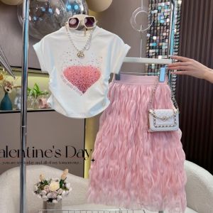 ชุดชุดฤดูร้อนสำหรับเด็กผู้หญิงชุดเดรสยาวแฟชั่นแขนสั้นสองชิ้นสำหรับเด็ก