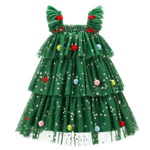 Cô gái giáng sinh màu xanh lá cây và váy màu đỏ trẻ em Cây giáng sinh theo chủ đề tầng bánh Dresses cho Toddler kỳ nghỉ Evening trang phục