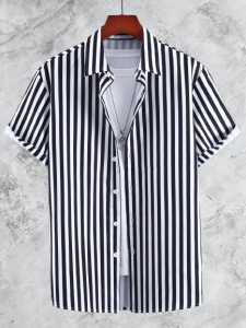 Kemeja Stripe Lengan Pendek Pria Salur Casual PUTIH GARIS HITAM PREMIUM ATASAN PRIA MOTIF GARIS - Ridho Fashion