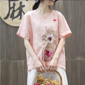 Cocoepps 2023 Phong cách Trung Quốc Váy Nữ Cotton Mới Mùa Hè lá sen công nghiệp nặng thêu V cổ Áo khoác thêu kích thước lớn rộng nữ nghệ thuật áo Phụ nữ