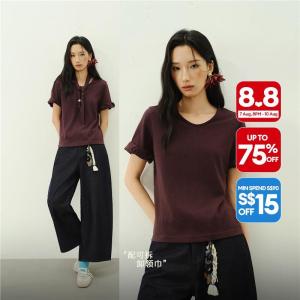 Giordano Women Detachable beaded tie neck short sleeve tee Free Shipping 18326822