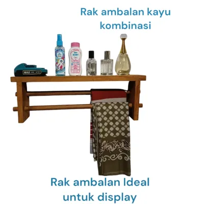 Rak Display Kayu Multipungsi untuk Medali Hijab Handuk dan Kosmetik tempel dinding