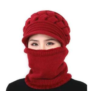 KEYOOL Woolen Yarn Women Winter Hat Knitted Warm Ring Scarf Scarf Cap Plush Thickening Balaclava Beanies Outdoor