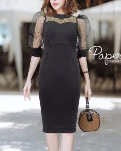 LooWear Dress Bodycon Wanita Lengan Tile 3/4 dengan Aksen Mesh Gaya Korea Terbaru