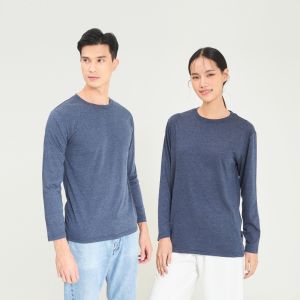 Yuedpao ยอดขาย No.1 รับประกันไม่ย้วย 2 ปี เสื้อยืดเปล่า เสื้อยืดสีพื้น เสื้อยืดแขนยาว_สีน้ําเงิน