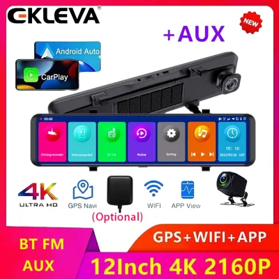 EKLEVA 4K 12Inch 2160P Dash Cam Carplay & Android Auto 5G Wifi Rearview Mirror Camera Car DVR GPS Navigation Video Recorder Dual Lens