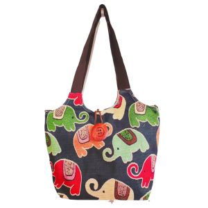 ZOOGGJZ งานปัก กระเป๋าสะพายไหล่สำหรับผู้หญิง ผ้าใบแคนวาส ช้างสีฟ้า กระเป๋าโท้ท ชนเผ่าชาติพันธุ์ จุได้มาก กระเป๋าถือแบบถือ สำหรับผู้หญิง