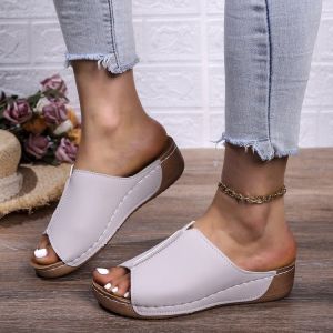 Free Shipping Trendy Thick-Soled Slippers For Women Large Size Round Toe Casual Slip-On Style Solid Color Wedge Heel Suitable For Outdoor Wear