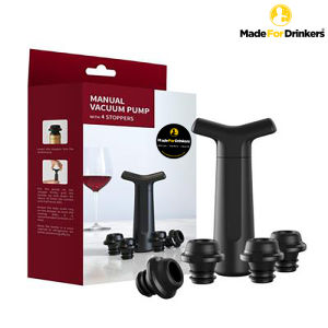 New Improved Design Vacuum Wine Saver Set - Comes with a more durable pump and 4 Stoppers - Keep your Wine fresh for more than 10 days after opening [Made For Drinkers]