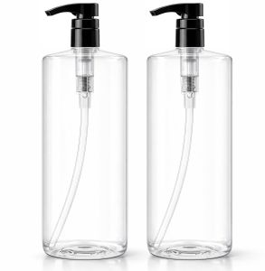 Bar5F Empty Pump Bottles 32 oz. (1-Liter) BPA-Free Crystal-Clear USA 2-Pack Large Refillable Containers for Shampoo Conditioner Body Wash Lotion Gel Laundry Detergent Hand Soap