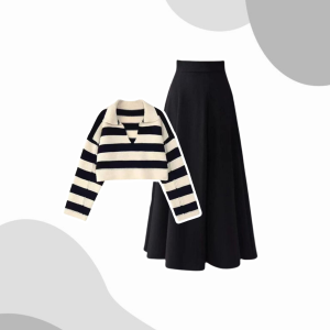 One Set 3in1 Kekinian (Sweater Stripe Crop Wanita + Rok Basic Polos+ Jilbab Paris) - KA081