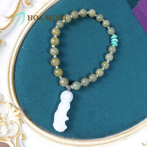 Vòng chuỗi niệm 21 viên ngọc Cẩm Thạch lam dầu size hạt 9.3 li phối mặt Phật Quan Âm trắng bánh xe xanh turquoise điềm nhiên an tịnh | Hoa Minh Gem