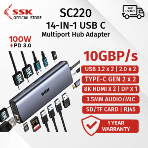 SSK SC220 14-In-1 Type C Adapter USB C Docking Station 8K HDMI HUB USB3.2 Gen2 HUB 10Gbps Dual HDMI