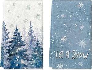 Blue Xmas Tree Snowflake Winter Kitchen Towels Dish Towels 18x26 Inch Farmhouse Holiday Decoration Cleaning Set of 2