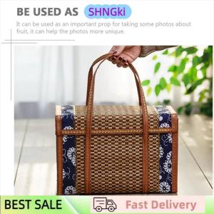 SHNGki Folding Bamboo Woven Fruit Basket Handheld Handle Fruit Shopping Food Basket Picnic Food Storage Basket For Outdoor