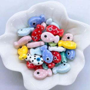 OMQAIO Ceramic Small Fish Beads Cartoon Design Handmade Craft Jewelry Making Material Pendant Necklace Earrings Ceramic Spacer Loose Beads for 10Pcs Student
