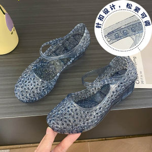 [Free Shipping] Plastic Sandals For Women Outdoor Wear Crystal WomenS Shoes Wedge Heel Sandals Mid-Heel Single-Strap Closed-Toe Summer Sandals