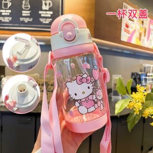Children Plastic Cup Marvel Straw Direct Drinking Dual-Use Water Bottle Strap Portable Student Summer Baby