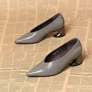 Free Shipping Pointed-Toe Shallow-Cut Chunky-Heeled WomenS Shoes 2026 Spring/Autumn New Collection Snake-Pattern Slip-On Elegant And Versatile Fashion Flats