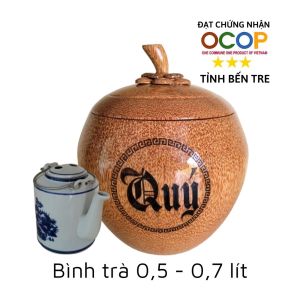 Bình ủ trà gỗ dừa cao cấp khắc chữ Phú quý / Tùy chọn bình trà 05 - 08 - 13 - 20 lít / Giữ ấm 3 - 5 giờ / Hàng đạt OCOP 3 sao tỉnh Bến Tre năm 2023 / Sản phẩm mỹ nghệ dùng làm quà đặc trưng xứ dừa Bến Tre