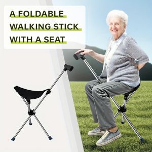 2-in-1 Folding Cane Stool Non Slip Base and Ergonomic Grip Lightweight Suitable for Hiking Camping and Travel