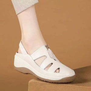 Free Shipping Soft Leather Toe-Cap Sandals For Women New Summer Style Fashionable And Versatile With Hollow Design Breathable Wedge Heel Soft Sole And Non-Slip Features