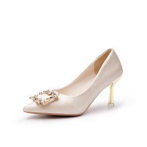 LADYSFSV Korean 2 inches Pointed toe Wedding shoes High-end Beige High Heels Bridal Shoes Rhinestone Heels for Women