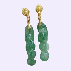 Icy Translucent Lotus Jadeite Stud Earrings – Natural Type A Jadeite 18K with Diamonds Symbol of Purity and Elegance (18k08)