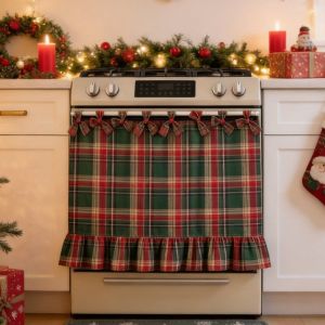GINKG Double Sided Christmas Oven Curtain Ruffled Edge Gingham Pattern Holiday Kitchen Decor Reversible Cooker Shield Dustproof Shield Appliance Dust Cover Kitchen Renovation