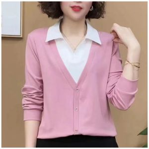 Polo Neck Slimming Ladies Top Spring Autumn Stylish Chic Lapel Fake Two-Piece Long Sleeve Cotton Blend Shirt