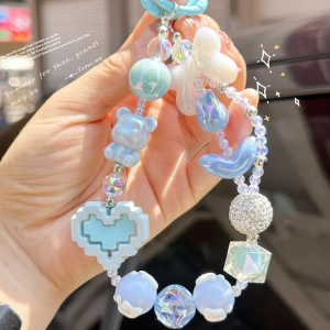 New Style Short Wrist Strap Phone Lanyard with Heart Bear Charm Crystal Diamond Beaded Chain for Phone & Earphone Case
