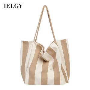 IELGY womens korean style retro simple striped canvas large capacity shoulder bag