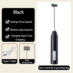 DELANOVA 3-Speed Electric Milk Frother USB Rechargeable Coffee Blender Handheld Milk Foam Maker Whisk Mixer
