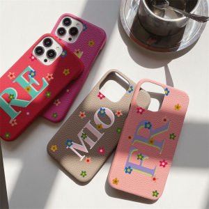 Personalised Initial letter Pebble Grain Leather Blossom Case for iphone 14 15 16 17 Pro Max 14 15 16Plus Covers Custom Flowers