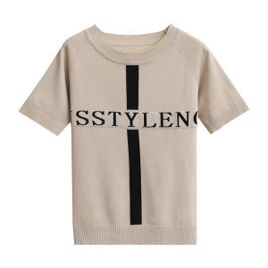 LUCKIN STORE Áo Cánh Lụa Băng Mùa Hè Áo Len Nữ Dệt Kim Áo Thun Ngắn Tay Hàn Quốc Cổ Tròn Áo Thường Ngày Phối Chữ Màu