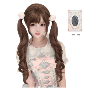 Cute Lolita Long Curly Double Ponytail Wig with Bangs Natural Wavy Anime Cosplay Wigs Soft Synthetic Lolita Wig Costume Hair