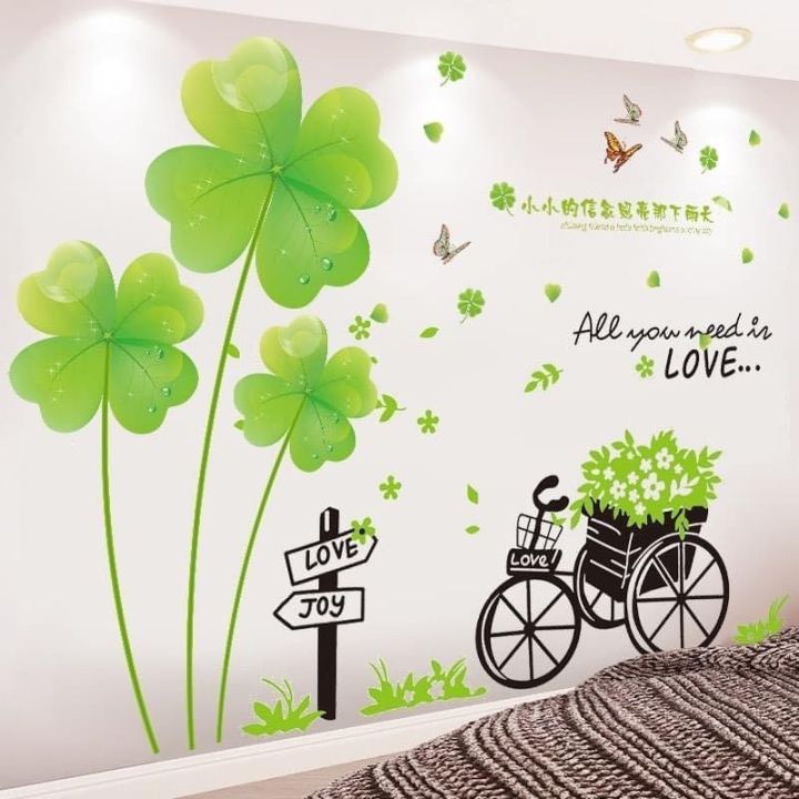Combo 2 tranh] Decal dán tường hoa cỏ 4 lá và xe đạp chở hoa ...
