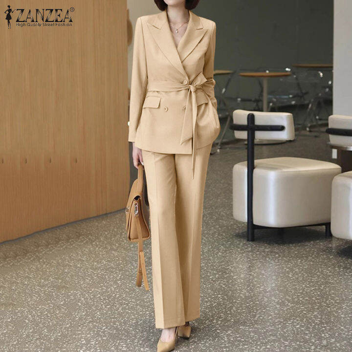 Hijabfab Zanzea Women 2pcs Outfits Elegant Ol Work Suits Long Sleeve Blazer Tops Wide Leg Pant 5786