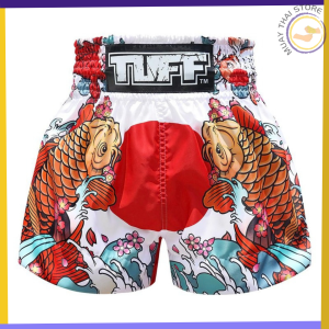 TUFF TUF-MS637 White Japanese Koi Fish Traditional Muay Thai Boxing Shorts