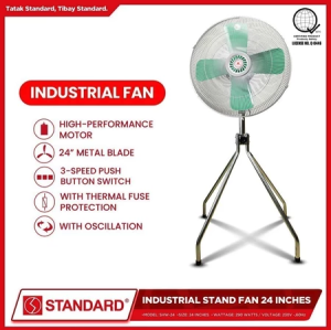 Standard Industrial Stand Fan 24" Metal Blade SHF-24 with High Performance Motor 3-Speed Push Button Switch & Thermal Fuse Protection