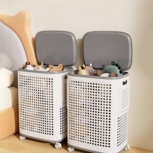 GEMMA Dust-proof Folding Dirty Clothes Basket Large Capacity Plastic Hollow Out Washing Baskets Durable with Mute Wheels Dirty Clothes Bucket Apartment