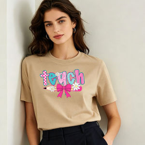 [Local Stock] HBESTY  Teach Pattern Pencil Bow Daisy Checkered Bubble Letter Women Cotton T Shirt Teacher Cute Preppy Graphic Campus Casual Top