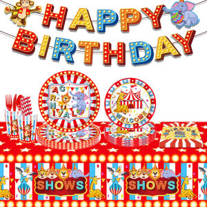 ตกแต่งงานเลี้ยงวันเกิดละครสัตว์ อุปกรณ์งานเลี้ยง จานกระดาษ กระดาษทิชชู่ ถ้วยกระดาษ ผ้าปูโต๊ะ ธง