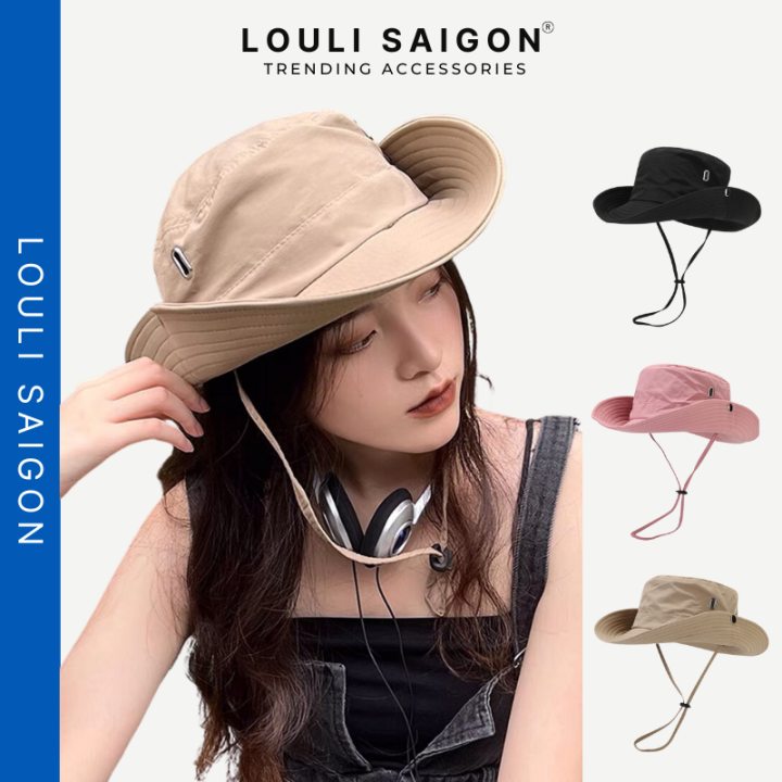 Mũ cao bồi vải dù trơn có dây rút thời trang, nón tai bèo nam nữ chống ...