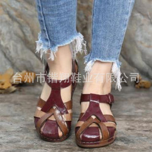 [Free Shipping] WomenS Summer New Vintage Round-Toe Wedge Heel Cross-Strap Sandals