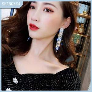 【SHANGZE4】 Dài tua đầy đủ Rhinestone thả Bông tai cho phụ nữ ovsize pha lê dangle Bông tai thời trang đồ trang sức phụ kiện