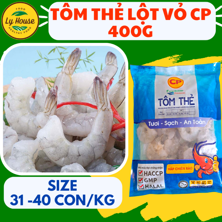 Tôm thẻ CP lột vỏ hộp 400g, size 31- 40 con/kg. Tôm CP cấp đông theo ...