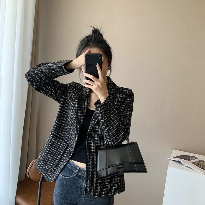 ZD T Plaid Blazer for Women, Short Style, ite, Korean Version, British Style, Internet Celebrity Suit, Women's Top, Spring and Autumn